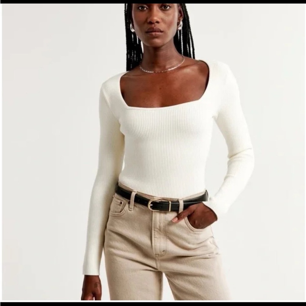 Abercrombie White Ottoman Ribbed Square Neck Sweater